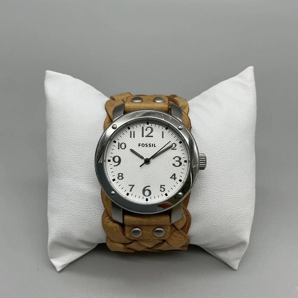 Fossil JR-1292 Mens Watch 34mm White Dial Silver Tone Brown Leather New Battery